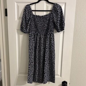 Navy Floral Smocked Midi Dress